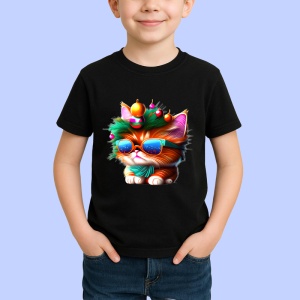Tricou Pisicuta festiva cu ochelari si globuri stralucitoare Copii | Dama | Barbat, culoare negru - Img 4