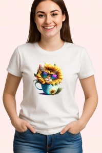 Tricou Pisicuta gri cu floarea soarelui si cana curcubeu Copii | Dama | Barbat