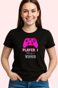 Tricou Player 1 Always Winner Controller Roz Jocuri, din bumbac 100%, tricou negru Copii | Dama | Barbat