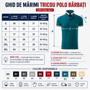 Tricou Polo Bărbați 256 Collar Up, 100% Bumbac, 215 g/m², Guler cu Contrast, 2 Nasturi, S–3XL, 10 Culori - Img 4