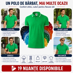 Tricou Polo Bărbați Malfini Urban 219, cu Dungi la Guler, Tip Tommy, 65% Bumbac, 200 g/m², 19 Culori, Mărimi S–3XL - Img 9