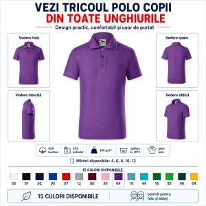 Tricou Polo Copii pentru Uniformă Școlară, Fete și Băieți, cu Guler - Img 3