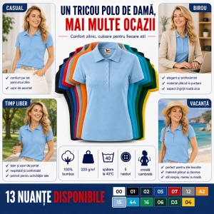 Tricou Polo Damă din Bumbac 100% – Casual Office, Guler Polo, XS-2XL | 13 Culori | Pique Polo - Img 7