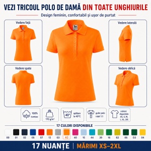 Tricou Polo Damă Malfini 213 Cotton, 100% Bumbac, 170 g/m², Guler Raiat, 5 Nasturi, Croială Cambrată, 17 Culori, XS–2XL - Img 4