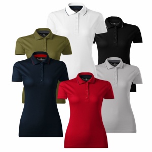 Imagine de prezentare pentru tricou polo dama si culorile disponibile negru, khaki, gri, alb, rosu