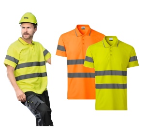 Barbat imbracat in tricou polo reflectorizant profesional prezentand culorile disponibile portocaliu si galben