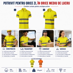 Tricou Polo Reflectorizant Unisex Damă/Bărbat HV Runway 2V9 cu Guler – Benzi 3M, 55% Bumbac - Img 8
