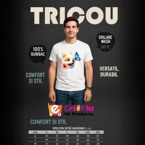 Tricou Pomeranian cu fluture albastru si floare roz adorabil si pufos Copii | Dama | Barbat Barbat - Img 9