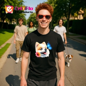 Tricou Pomeranian cu fluture albastru si floare roz adorabil si pufos Copii | Dama | Barbat Barbat - Img 16