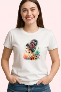 Tricou profile girl watercolor flower blend, fata in profil cu flori acuarela, Copii | Dama | Barbat - Img 3