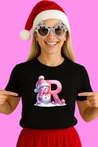 Tricou R Litera Craciun Roz Cu Om De Zapada Fulgi De Zapada, din bumbac 100% Copii | Dama | Barbat - Img 2
