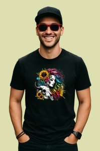 Tricou Rainbow hair girl with skull, fata cu par curcubeu si craniu, Copii | Dama | Barbat , tricou negru - Img 4