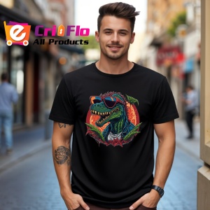 Tricou Raptor cool cu frunze si ochelari stil retro Copii | Dama | Barbat, culoare negru - Img 6