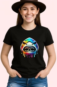 Tricou Rechin curcubeu cu dinti mari stil pop art Copii | Dama | Barbat, culoare negru - Img 3