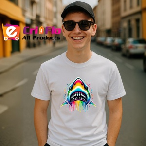 Tricou Rechin curcubeu design agresiv cu impact vizual Copii | Dama | Barbat