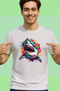 Tricou Rechin in stil graffiti cu ochelari fundal alb Copii | Dama | Barbat - Img 2