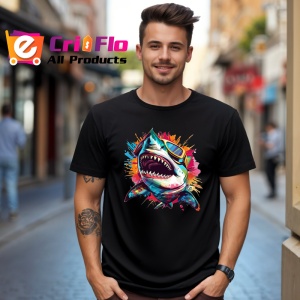 Tricou Rechin in stil graffiti cu ochelari fundal alb Copii | Dama | Barbat, culoare negru - Img 5
