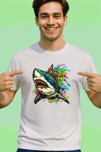 Tricou Rechin verde cu stropi colorati fundal alb Copii | Dama | Barbat - Img 2