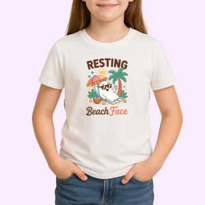 Tricou Resting Beach Face Lenes Ochelari Soare Plaja, din bumbac 100% , tricou alb pentru Copii | Dama | Barbat - Img 2