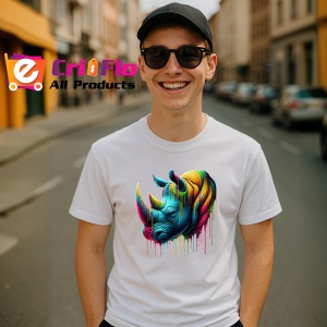 Tricou Rinocer realist in culori vibrante fundal alb Copii | Dama | Barbat - Img 6