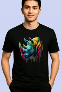 Tricou Rinocer realist in culori vibrante fundal alb Copii | Dama | Barbat, culoare negru - Img 2