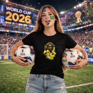 Tricou Ronaldinho Brazil World Cup Fifa 2026, din bumbac 100%, tricou negru, Copii | Dama | Barbat - Img 9