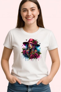 Tricou rose hat girl dripping ink look, fata cu palarie si trandafiri stil stropi de cerneala, Copii | Dama | Barbat - Img 4