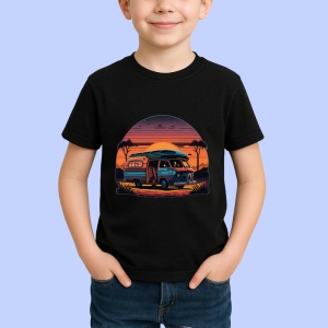 Tricou Rulota mov pe plaja apus stil desen artistic Copii | Dama | Barbat, culoare negru - Img 4