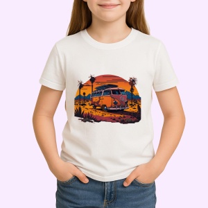 Tricou Rulota portocalie pe plaja cu palmieri si apus Copii | Dama | Barbat - Img 4