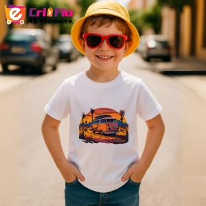 Tricou Rulota portocalie pe plaja cu palmieri si apus Copii | Dama | Barbat - Img 10