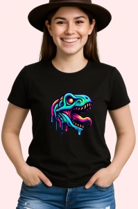 Tricou Schelet dinozaur cu contur albastru neon Copii | Dama | Barbat, culoare negru - Img 3