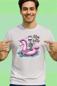 Tricou Schelet pe flamingo roz text stay salty design amuzant de vara Copii | Dama | Barbat Barbat - Img 2