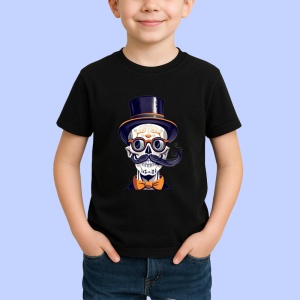 Tricou Schelet pe luna cu palarie vrajitoare si fundal albastru Copii | Dama | Barbat, culoare negru - Img 4