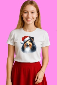 Tricou Sheltie Craciun Cu Caciula Mos, din bumbac 100%, tricou alb, Copii | Dama | Barbat