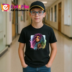 Tricou Side gaze rainbow hair girl, fata cu privire laterala si par curcubeu, Copii | Dama | Barbat , tricou negru - Img 6