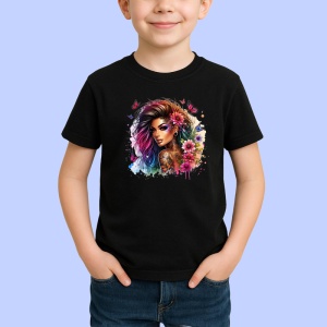 Tricou Side view girl pink flowers hair tattoo, fata profil cu flori roz si tatuaje, Copii | Dama | Barbat , tricou negru - Img 2