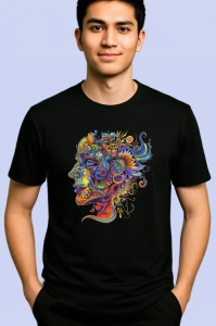 Tricou Silueata barbateasca in stil psihedelic intens Copii | Dama | Barbat, culoare negru - Img 2