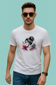 Tricou sketch woman black hair floral accent, femeie schitata par negru si accent floral, Copii | Dama | Barbat - Img 2