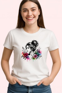 Tricou sketch woman black hair floral accent, femeie schitata par negru si accent floral, Copii | Dama | Barbat - Img 4