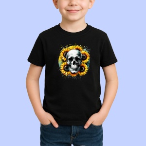 Tricou Skull with sunflowers, craniu cu floarea soarelui, Copii | Dama | Barbat , tricou negru - Img 2