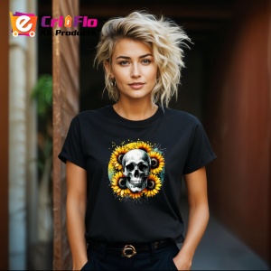 Tricou Skull with sunflowers, craniu cu floarea soarelui, Copii | Dama | Barbat , tricou negru