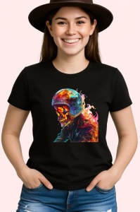 Tricou Soldat pe motor in flacari fundal artistic Copii | Dama | Barbat, culoare negru - Img 3