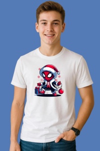 Tricou Spider Man Christmas Cu Sac Cadouri Si Turta Dulce, din bumbac 100%, tricou alb, Copii | Dama | Barbat