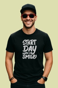 Tricou Start Day Smile, din bumbac 100%, tricou negru, Dama | Barbat