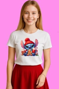 Tricou Stitch Christmas Cu Cana Si Biscuit, din bumbac 100%, tricou alb, Copii | Dama | Barbat - Img 3
