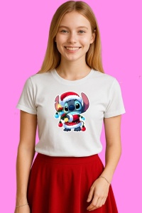Tricou Stitch Cu Beteala Si Globuri, din bumbac 100%, tricou alb, Copii | Dama | Barbat