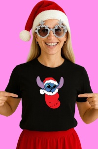 Tricou Stitch In Ciorap Rosu Craciun, din bumbac 100% Copii | Dama | Barbat - Img 3