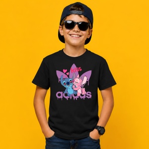 Tricou Stitch Si Angel Sarut Kiss Logo Mov Urban Aesthetic Love, din bumbac 100%, tricou negru, Copii | Dama | Barbat - Img 3