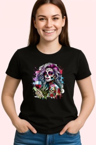 Tricou Sugar skull girl wine and roses, fata cu craniu dulce vin si trandafiri, Copii | Dama | Barbat , tricou negru - Img 3