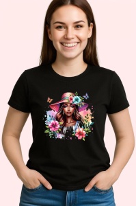 Tricou Summer hat woman flowers and butterflies, femeie cu palarie de vara flori si fluturi, Copii | Dama | Barbat , tricou negru